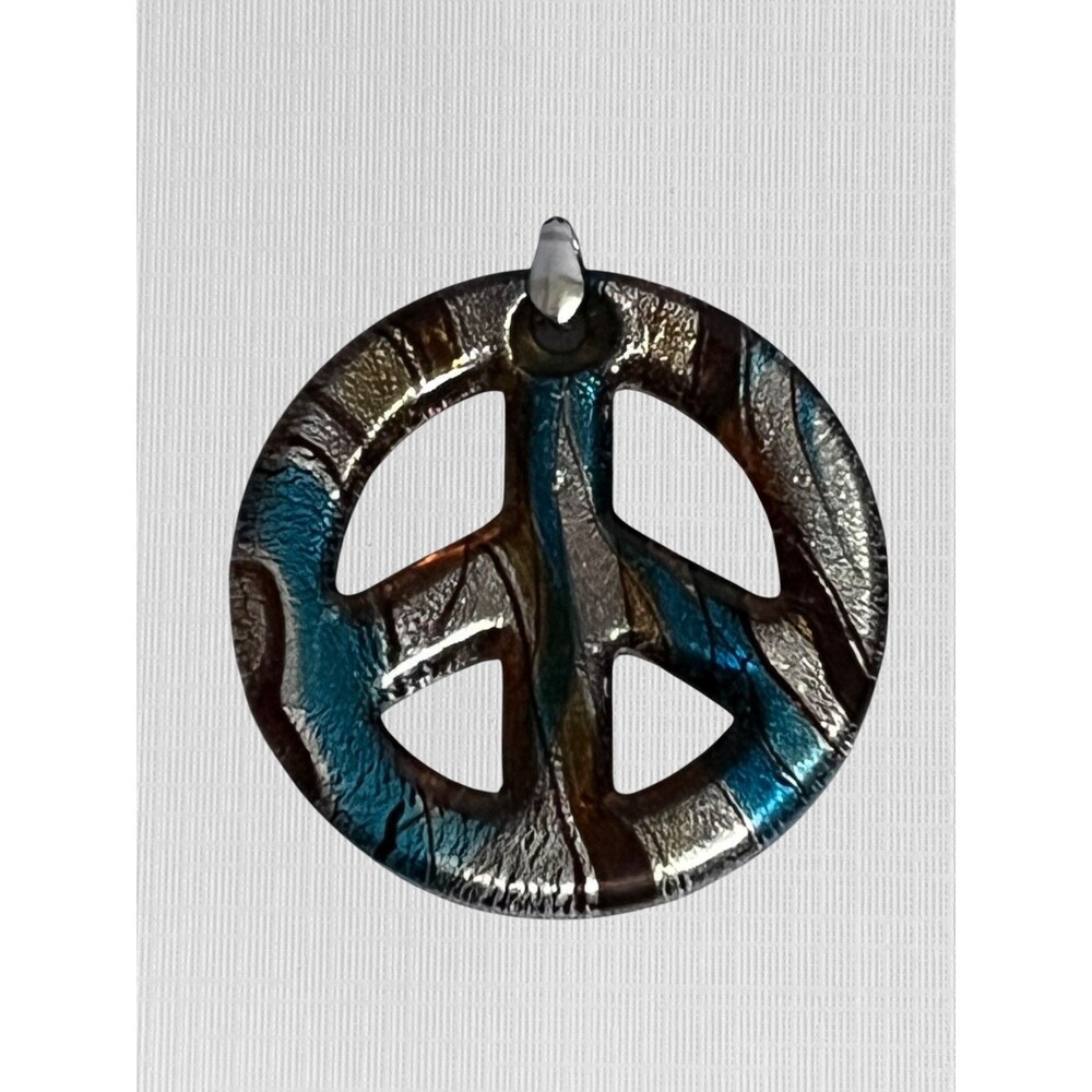 Large Dichroic Glass Peace Sign Pendant 2 inch Blue Silver Tone Shimmer Stripe